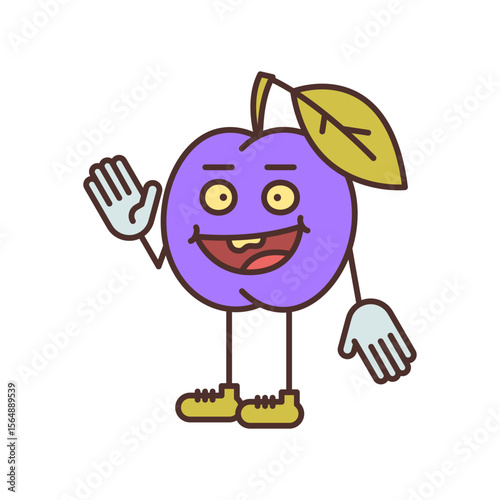 Plum character half turn waves his hand and smiling