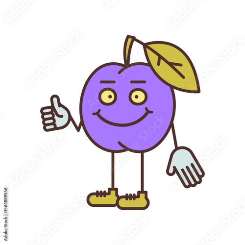Plum character half turn shows thumbs up and smiling