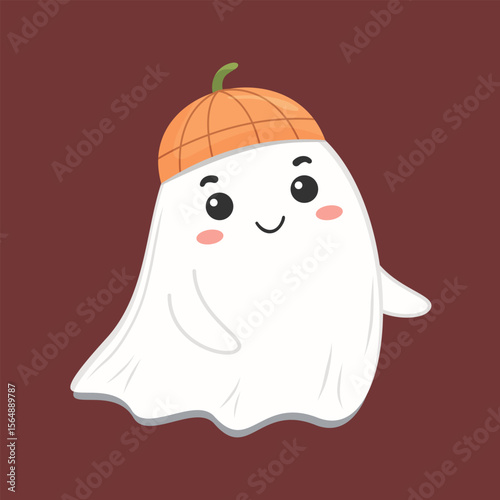 ghost character with blush cheeks wearing a pumpkin hat, flat style, on a maroon background, Halloween fun and cuteness