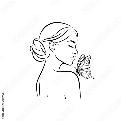 Minimalist girl with butterfly illustration in black and white line art
