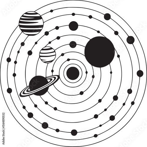 Solar system planets orbit diagram astronomy space science education black and white vector illustration on transparent background