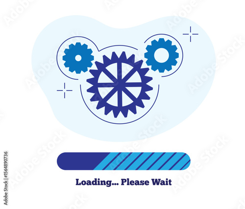 Loading Please Wait Warning with Gear Cogwheels Spinning. Technology, information and data processing, computer software interface concept vector art