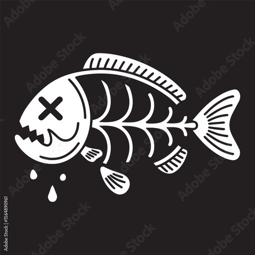 Funny dead fish skeleton with X-eye and cartoon tears, quirky and creative design vector illustration.