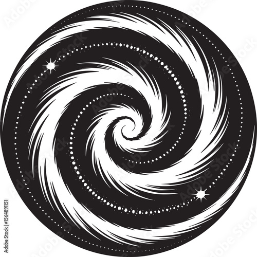 Black and white swirl galaxy illustration with stars and spiral vortex design for print and digital art on transparent background