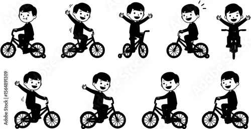 Child with raised arms learning to bike
