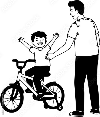 Child with raised arms learning to bike

