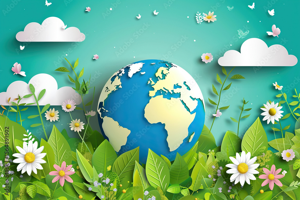 Naklejka premium Greeting card with holiday composition for world environment day, abstract vivid composition consists of fictional unreal fantastic vision on background