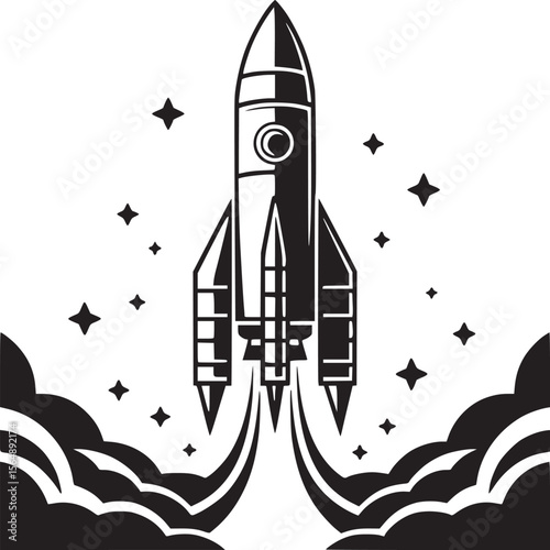 Rocket ship launch illustration black and white vector space exploration startup business concept on transparent background