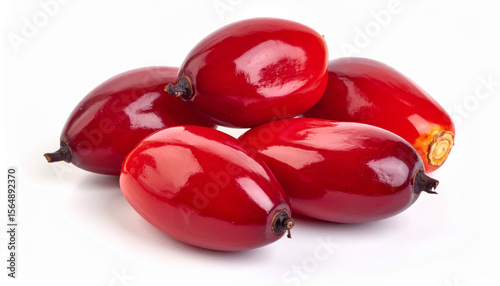 Glossy Palm Fruits: A Close-Up of Vibrant Red and Brown Tones on White