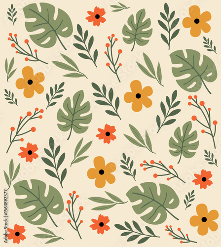 Seamless pattern of flowers and leaves, spring, summer, suitable for botanical design and decorative elements. Monstera leaves