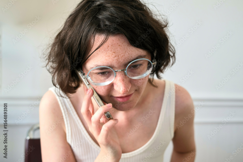 Young woman with glasses on a phone call, wearing a white top and sitting indoors. Young woman with glasses on a phone call, wearing a white top and sitting indoors.