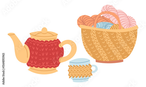 Knitted heating pad, lid for ceramic teapot and mug next to bag filled with yarn. Cozy atmosphere, handmade. Flat color illustration. Postcards, packaging, social media posts, themes of care, comfort