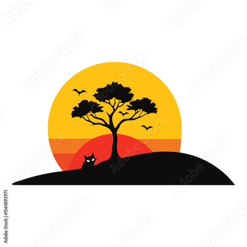Silhouette of lone tree during dramatic sunset perfect for nature themes Vector illustration