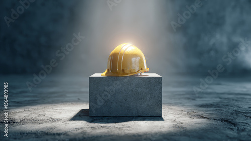 A yellow construction helmet on a concrete cube under a spotlight.