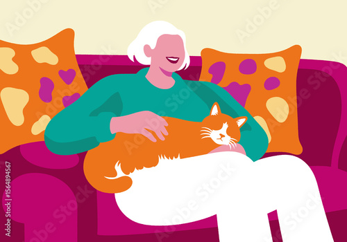 A senior woman smiling gently as she sits on a couch, lovingly petting her content ginger cat, her only companion, in a cozy home.