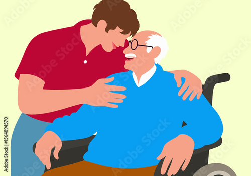 A compassionate young person offers loving support and care to an elderly man in a wheelchair, sharing a warm, tender moment. 
