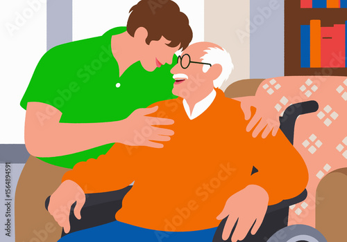A caregiver or family member warmly interacting with a smiling senior man in a wheelchair at home. Support and companionship.