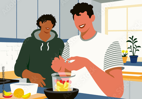 Two people cooking together in a modern kitchen with fresh ingredients. Illustration