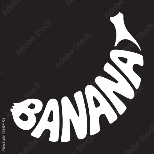 The word “Banana” styled in a curved arc with a peeled banana stem effect fun and fruity vector illustration.