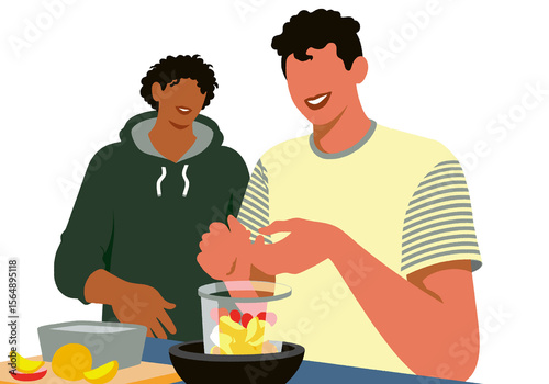 Two smiling people preparing fruit together in a kitchen setting. Illustration