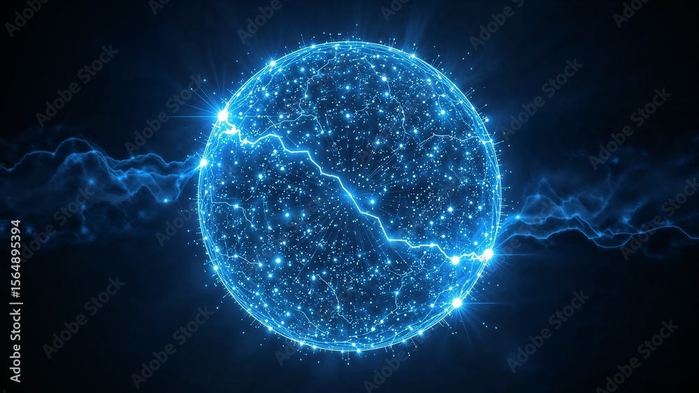 Obraz premium Vibrant neon blue energy sphere of glowing particles
