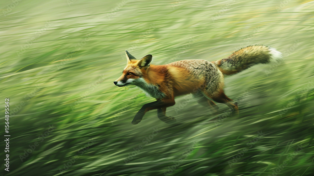 Obraz premium Red fox running in green grass