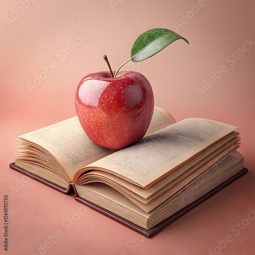 3D Render of a Red Apple Placed on Top of a Closed Book – Education and Learning Concept