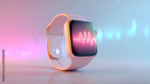 A pink smartwatch showcasing a live heartbeat monitor with a colorful gradient background.