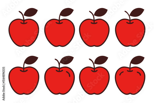 Eight red apples with brown stems and leaves isolated on transparent background