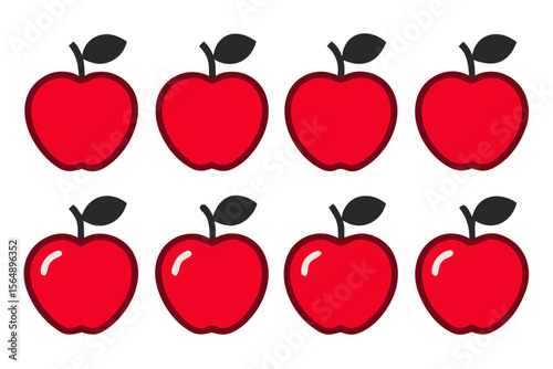 Eight red apples with dark stems and leaves isolated on transparent background