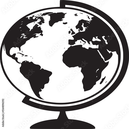 Black and white globe illustration world map geography earth continents oceans travel education graphic design on transparent background