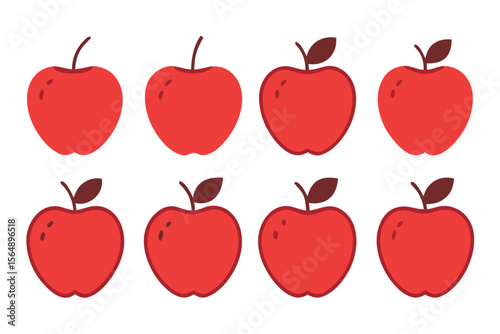 Collection of eight red apples with stems and leaves isolated on transparent background
