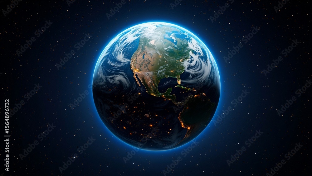 Fototapeta premium Planet, Earth, space — a breathtaking high-resolution image reveals Earth's curved horizon against deep space, showcasing glowing city lights, swirling clouds, oceans, continents, and the delicate blu