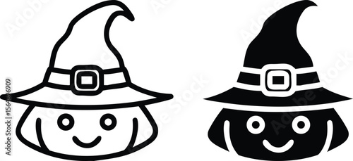 Cute Witch Icon Set, Black and White Halloween Hat Character Design