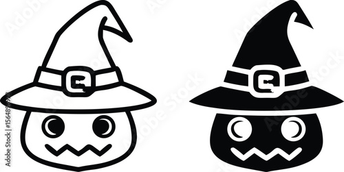 Witch Pumpkin Icon Set, Black and White Halloween Cartoon Face Symbols