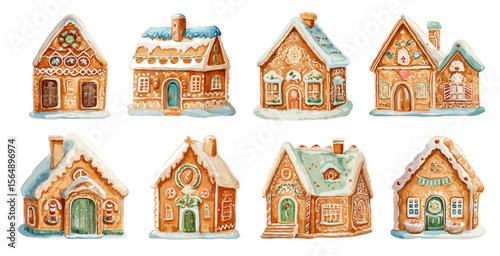 Watercolor gingerbread houses vector set. Cute christmas sweet dessert decoration