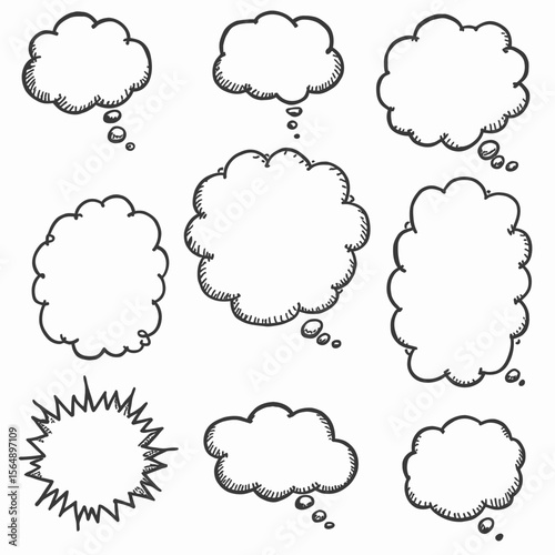 Collection of various hand-drawn comic book thought and speech bubbles.