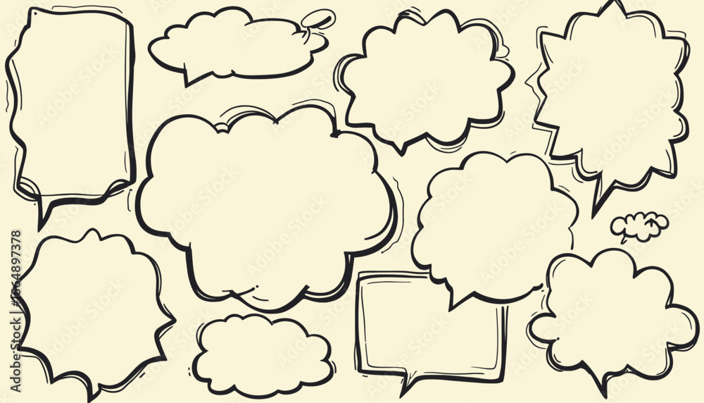 Fototapeta premium A collection of hand-drawn speech bubbles, various shapes and sizes, ready for text.