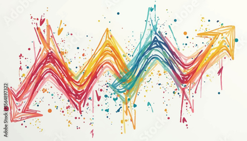 Colorful, abstract graphic representation of upward trending data, with splatter effects.