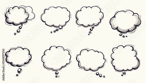 Collection of various hand-drawn comic book thought and speech bubbles.