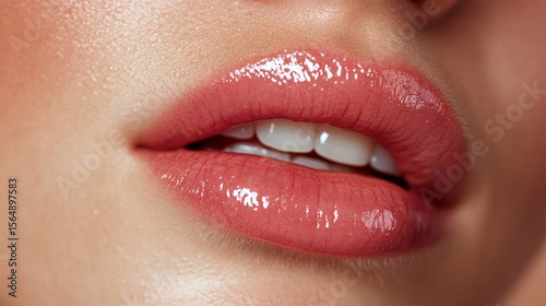 Close up of glossy pink lips showing white teeth and glowing skin