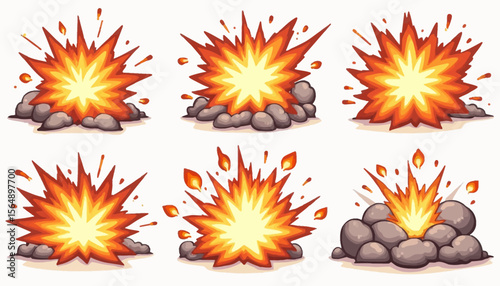 Cartoon explosion effects, various stages, on rocks, graphic design elements.