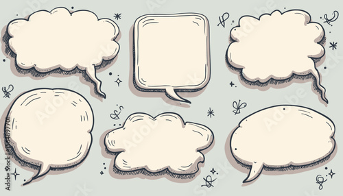 Collection of various hand-drawn speech bubbles in different shapes and styles.