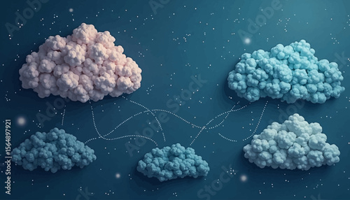 Abstract illustration of fluffy, interconnected clouds against a starry, dark blue background.