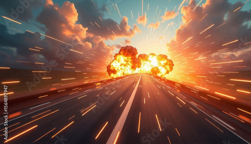 An explosion erupts on a highway under a dramatic, cloudy sky, creating a sense of speed and impending disaster.