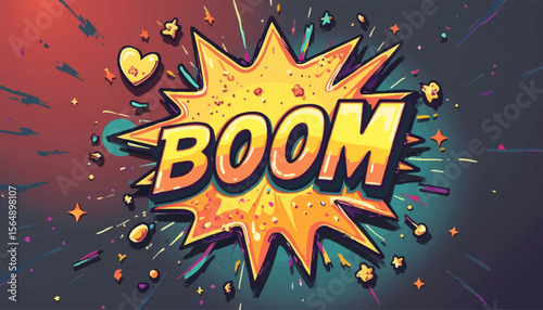 A vibrant illustration of the word "BOOM" exploding with starburst effects and hearts.