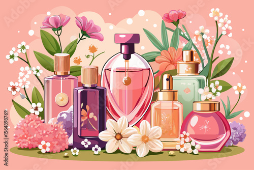 vector of Pink perfumes with attractive bottles and tiny white blossoms next to it.