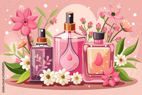 vector of Pink perfumes with attractive bottles and tiny white blossoms next to it.