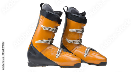 Orange ski boots with black accents isolated on white background
