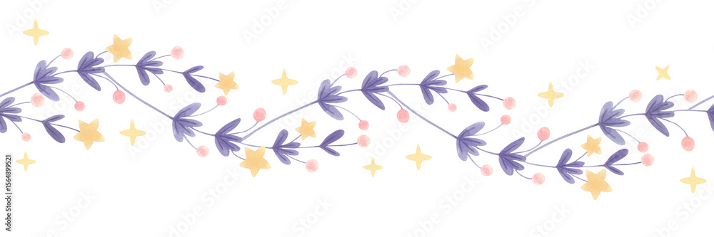 Fototapeta premium Watercolor seamless floral border with purple leaves, pink berries and yellow stars isolated on white. Horizontal botanical ornament for greeting cards, invitations, wrapping paper and scrapbooking.